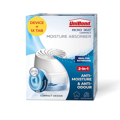 Unibond Aero 360° Humidity Absorber with 1x Refill, Dehumidifier for Effective Air Circulation, Humidity Controller Reduces Excess Moisture, 1 Device Incl. 1 Refill Tab 450g